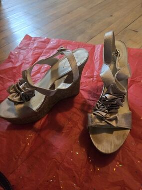 Ruffled Slingback Wedge Sandals in Taupe